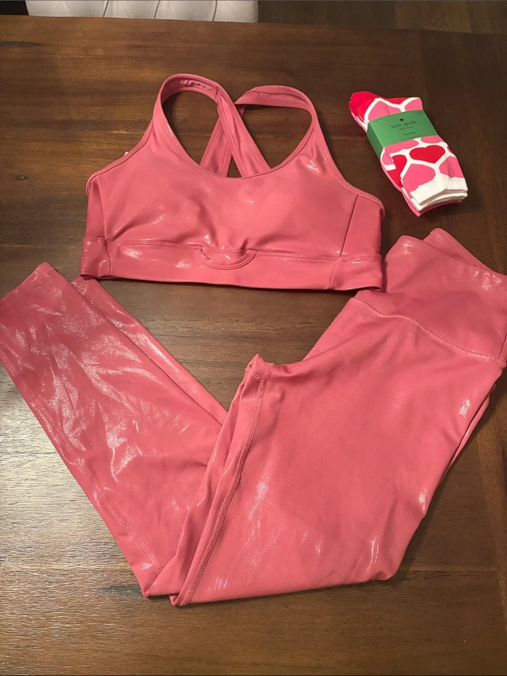 Shiny Pink Active Set - Sports Bra, Leggings and Heart Socks - Picture 1 of 6